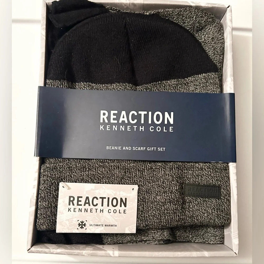 Kenneth Cole Beanie and Scarf Set Black Grey NWT